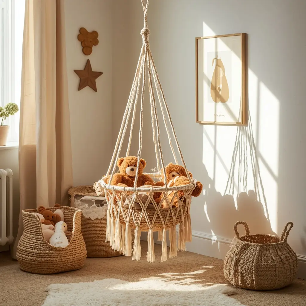 Mirolam beige macrame stuffed animal storage hammock net hanging in a corner